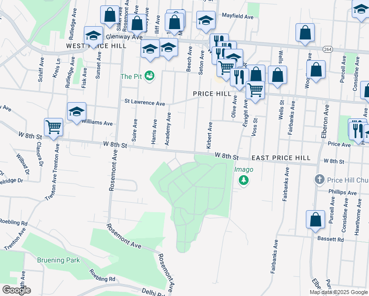 map of restaurants, bars, coffee shops, grocery stores, and more near 3836 West 8th Street in Cincinnati