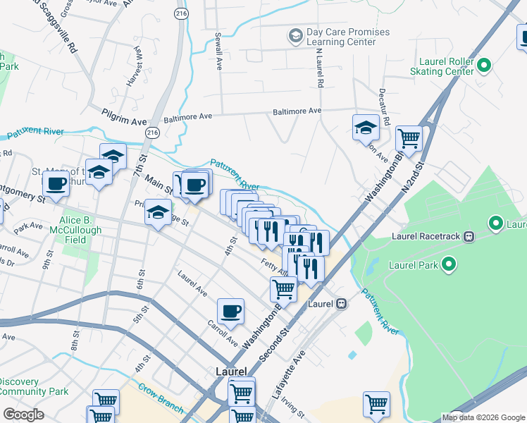 map of restaurants, bars, coffee shops, grocery stores, and more near 39 Avondale Street in Laurel