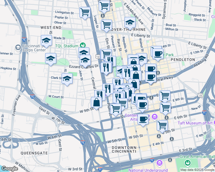 map of restaurants, bars, coffee shops, grocery stores, and more near 1100 Plum St in Cincinnati