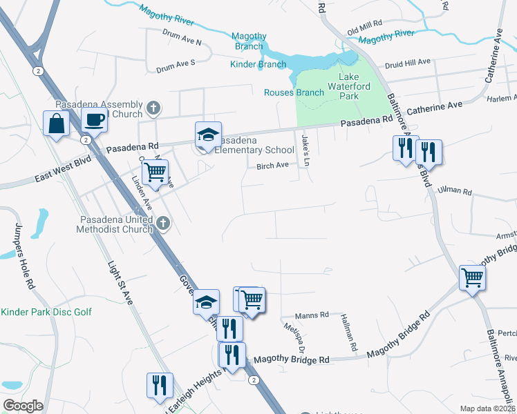 map of restaurants, bars, coffee shops, grocery stores, and more near 112 Dales Way Drive in Pasadena