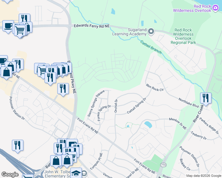 map of restaurants, bars, coffee shops, grocery stores, and more near 18379 Sierra Springs Square in Leesburg