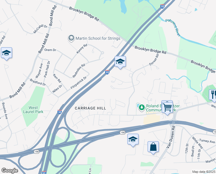 map of restaurants, bars, coffee shops, grocery stores, and more near 15716 Dorset Road in Laurel