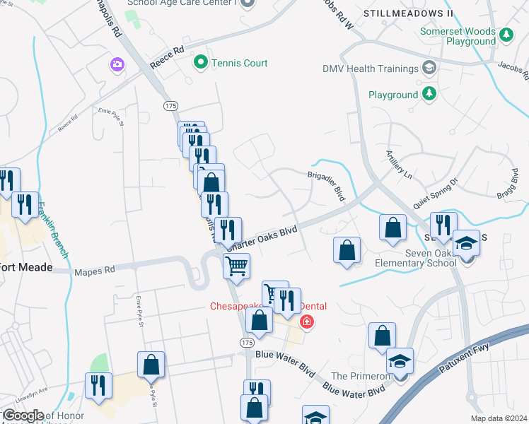 map of restaurants, bars, coffee shops, grocery stores, and more near 2243 Conquest Way in Odenton