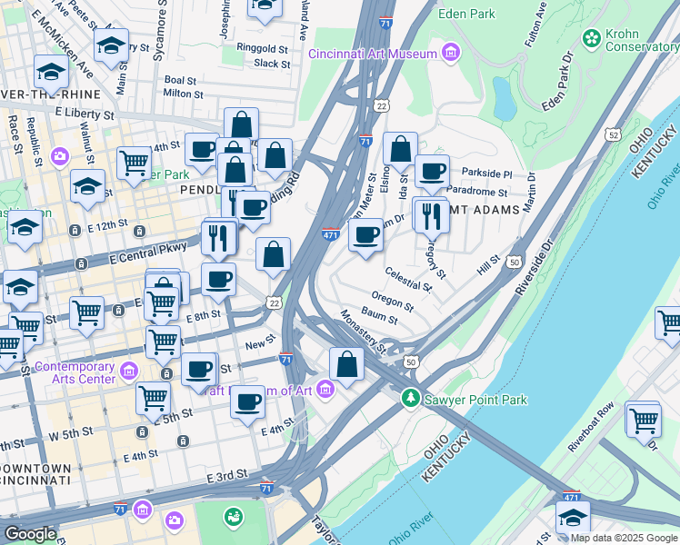 map of restaurants, bars, coffee shops, grocery stores, and more near in Cincinnati