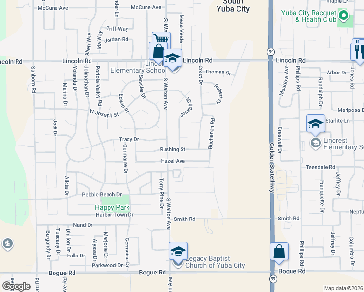 map of restaurants, bars, coffee shops, grocery stores, and more near 1560 Rushing Street in Yuba City