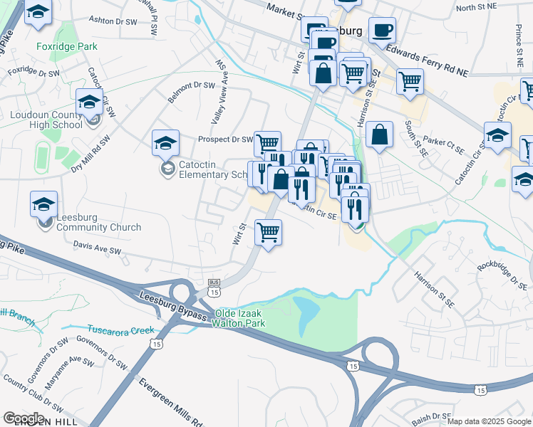 map of restaurants, bars, coffee shops, grocery stores, and more near 17 Catoctin Circle Southeast in Leesburg