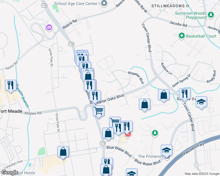 map of restaurants, bars, coffee shops, grocery stores, and more near 2243 Conquest Way in Odenton