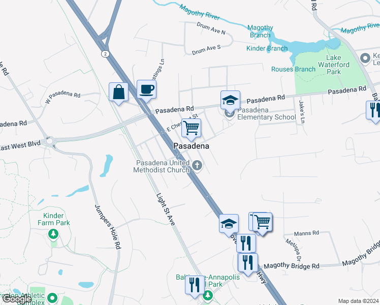 map of restaurants, bars, coffee shops, grocery stores, and more near 103 East Hamburg Street in Pasadena