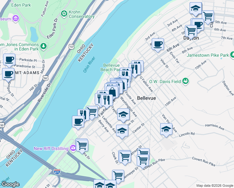 map of restaurants, bars, coffee shops, grocery stores, and more near 343 Fairfield Avenue in Bellevue