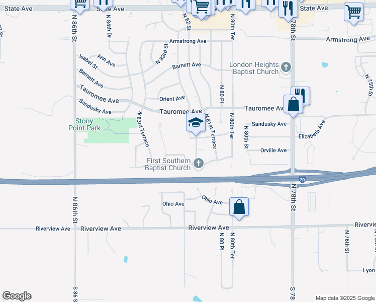 map of restaurants, bars, coffee shops, grocery stores, and more near 430 North 82nd Terrace in Kansas City