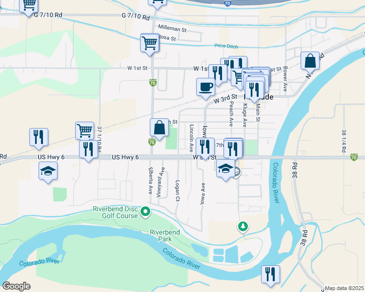 map of restaurants, bars, coffee shops, grocery stores, and more near 502 West 8th Street in Palisade