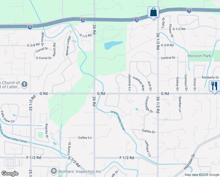 map of restaurants, bars, coffee shops, grocery stores, and more near 2612 G Road in Grand Junction