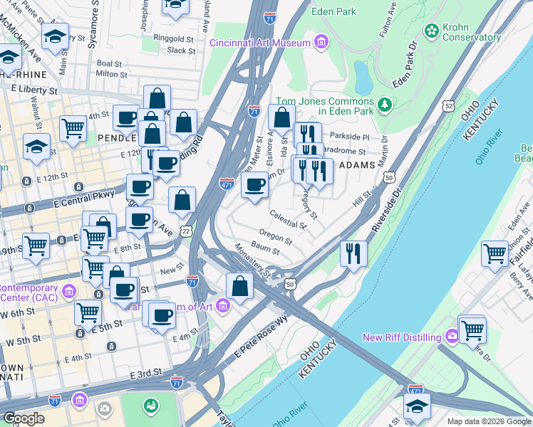 map of restaurants, bars, coffee shops, grocery stores, and more near 1059 Celestial Street in Cincinnati
