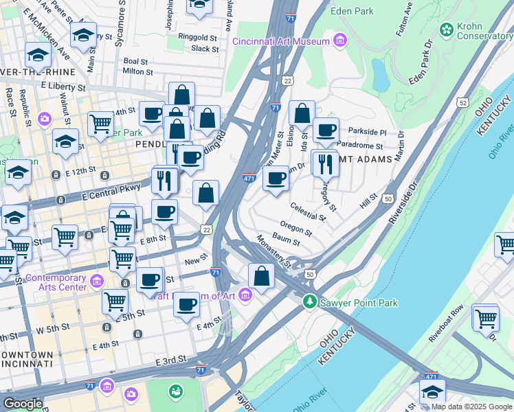 map of restaurants, bars, coffee shops, grocery stores, and more near in Cincinnati
