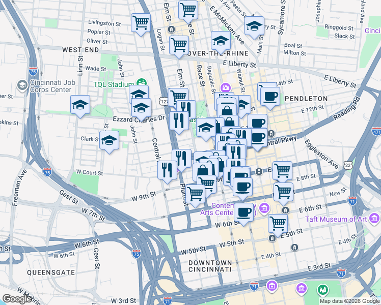 map of restaurants, bars, coffee shops, grocery stores, and more near 1020 Elm Street in Cincinnati