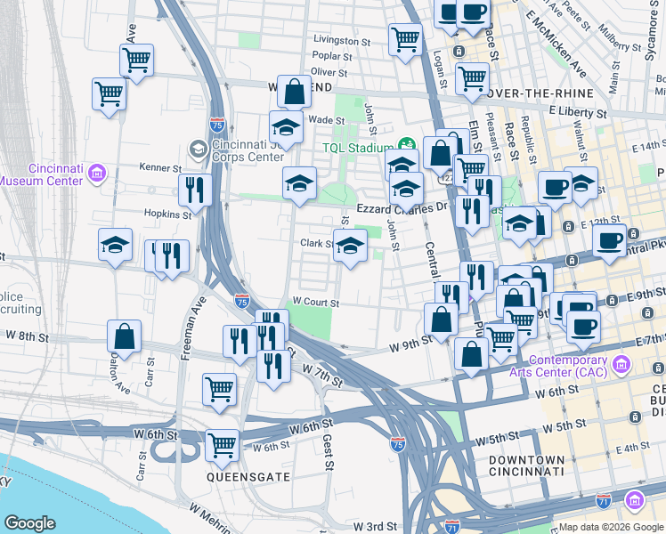 map of restaurants, bars, coffee shops, grocery stores, and more near 724 Elizabeth Street in Cincinnati