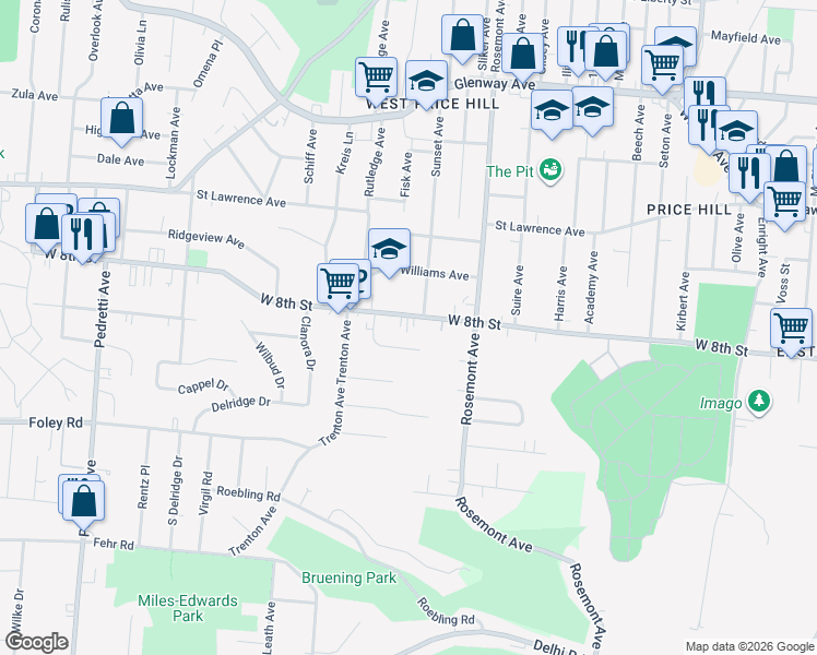 map of restaurants, bars, coffee shops, grocery stores, and more near 4124 Pleasure Drive in Cincinnati