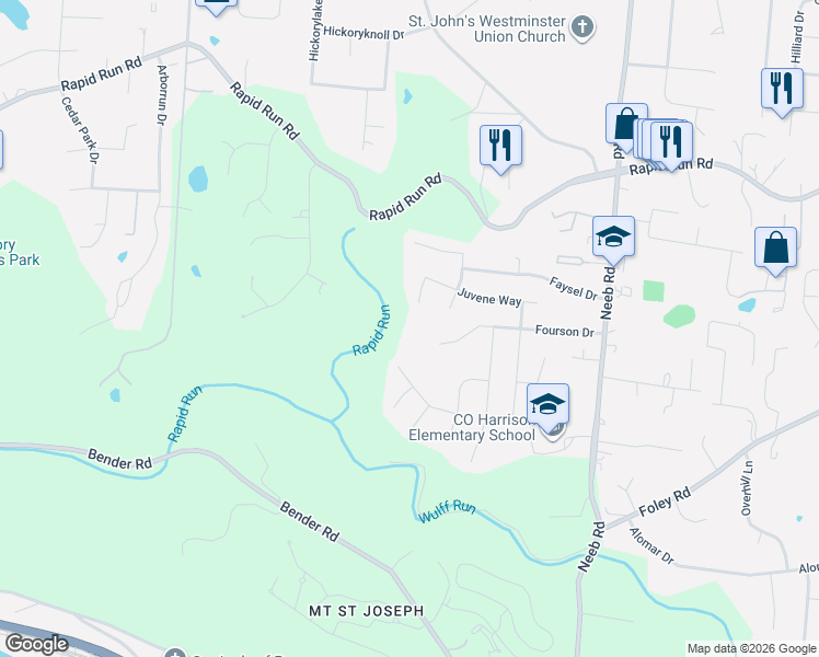 map of restaurants, bars, coffee shops, grocery stores, and more near 5898 Fourson Drive in Cincinnati