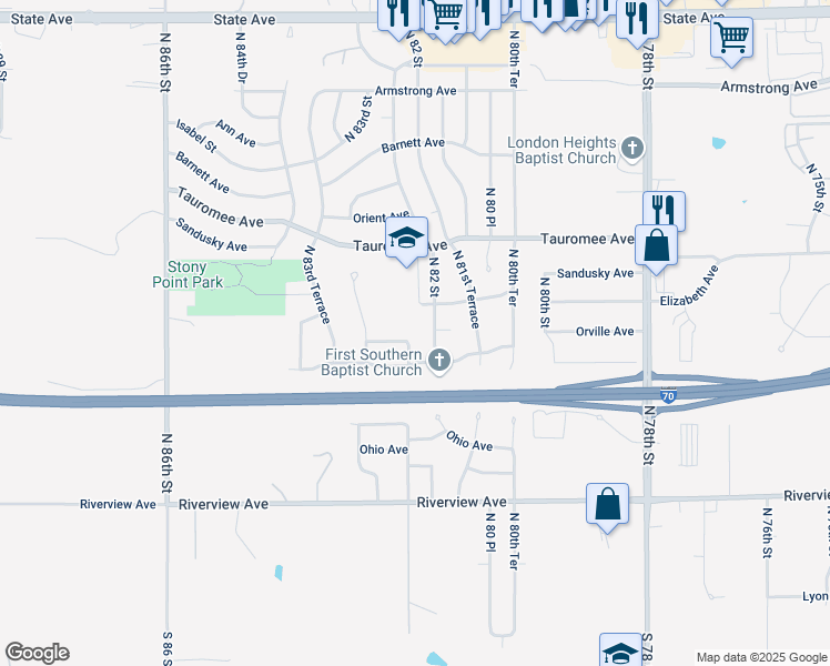 map of restaurants, bars, coffee shops, grocery stores, and more near 430 North 82nd Terrace in Kansas City