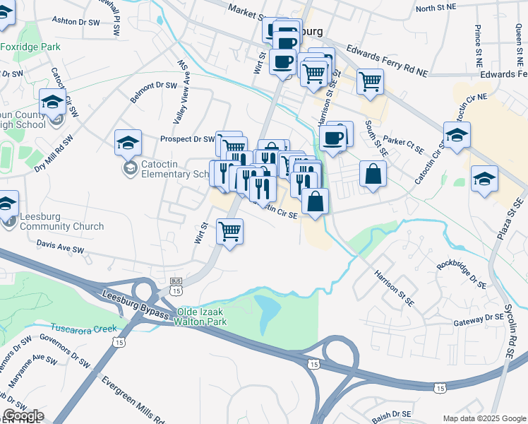 map of restaurants, bars, coffee shops, grocery stores, and more near 17 Catoctin Circle Southeast in Leesburg