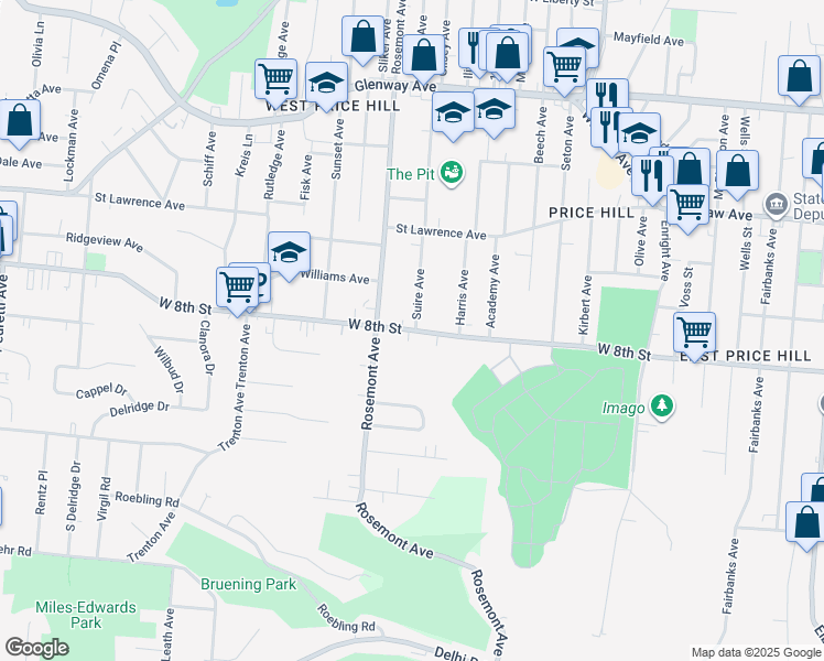 map of restaurants, bars, coffee shops, grocery stores, and more near 3999 West 8th Street in Cincinnati
