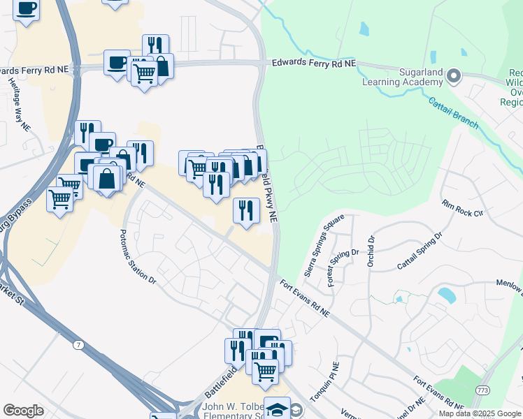 map of restaurants, bars, coffee shops, grocery stores, and more near 538 Fort Evans Road Northeast in Leesburg