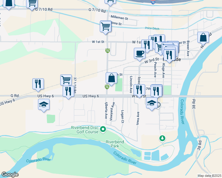 map of restaurants, bars, coffee shops, grocery stores, and more near 707 Elberta Drive in Palisade