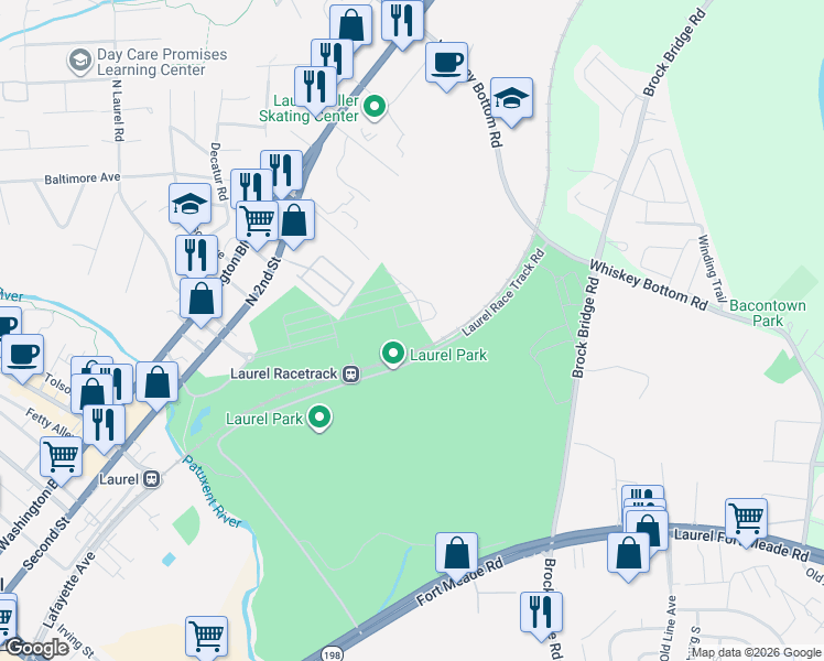 map of restaurants, bars, coffee shops, grocery stores, and more near 9990 Justify Run in North Laurel