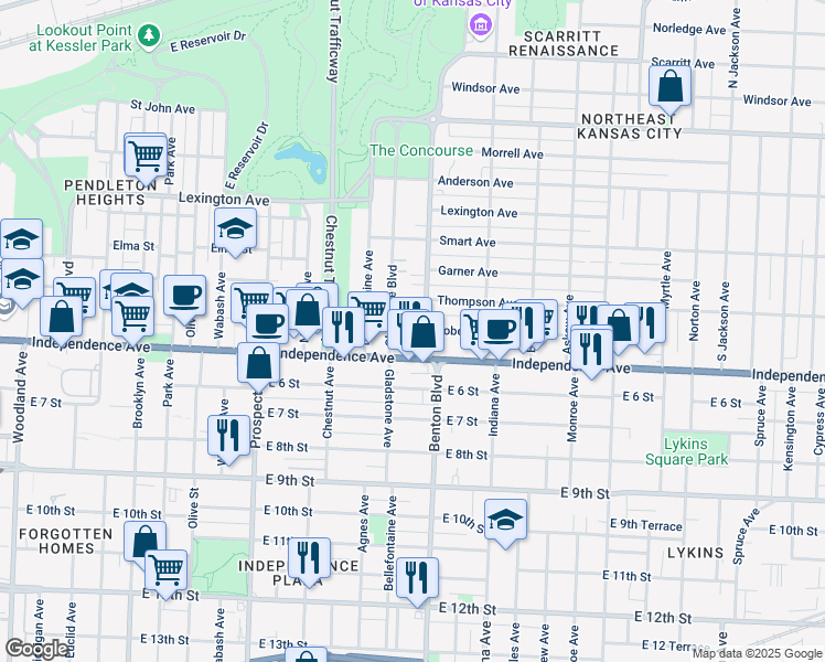 map of restaurants, bars, coffee shops, grocery stores, and more near 524 Benton Boulevard in Kansas City