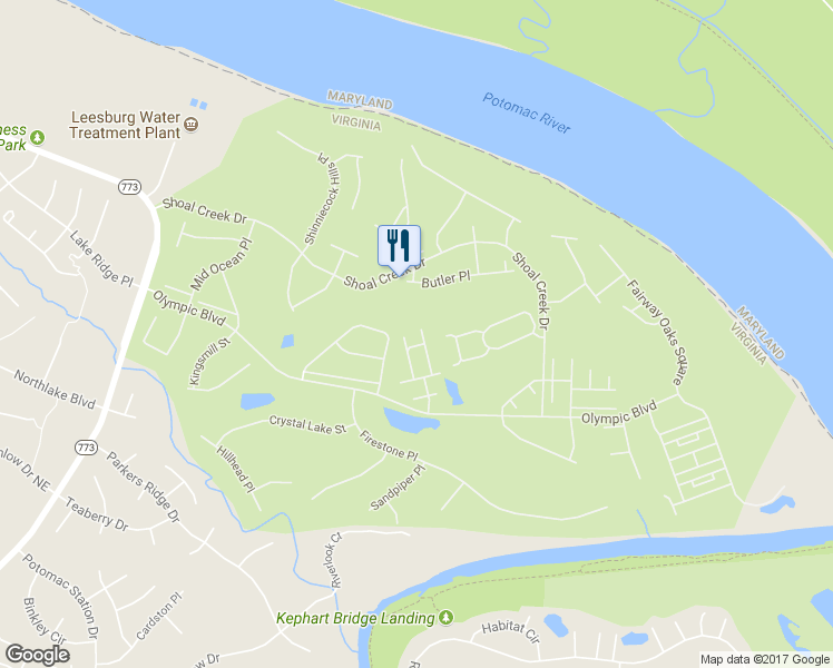 map of restaurants, bars, coffee shops, grocery stores, and more near 18395 Harbour Town Terrace in Leesburg