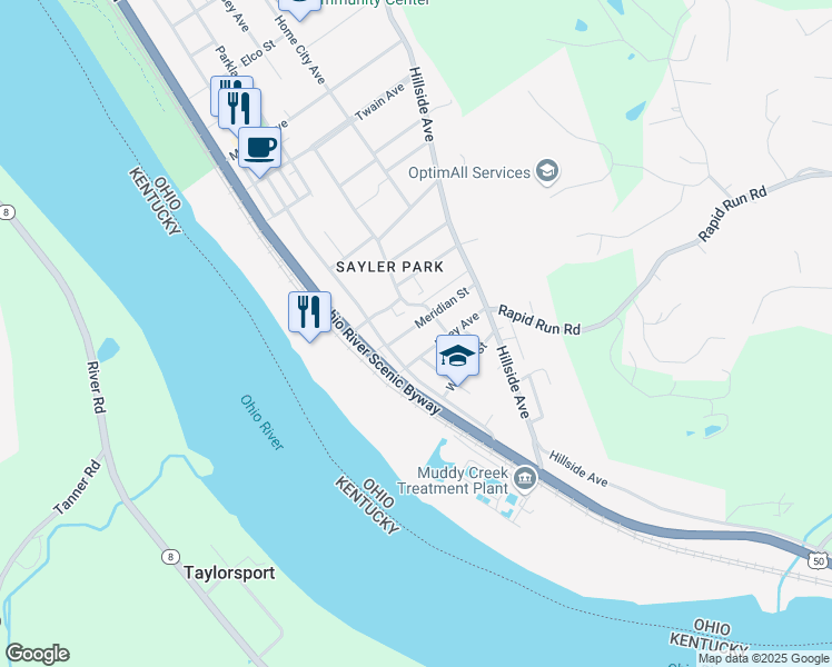 map of restaurants, bars, coffee shops, grocery stores, and more near 126 Meridian Street in Cincinnati
