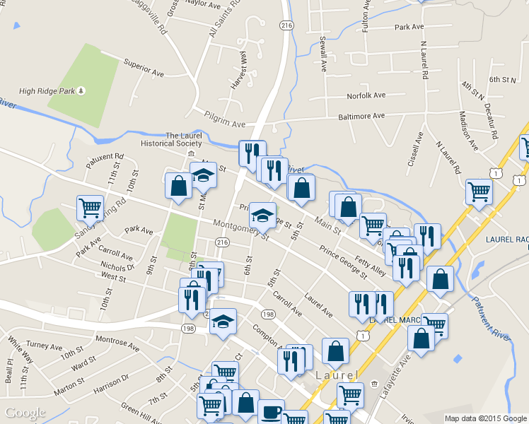map of restaurants, bars, coffee shops, grocery stores, and more near Prince George St & 6th St in Laurel