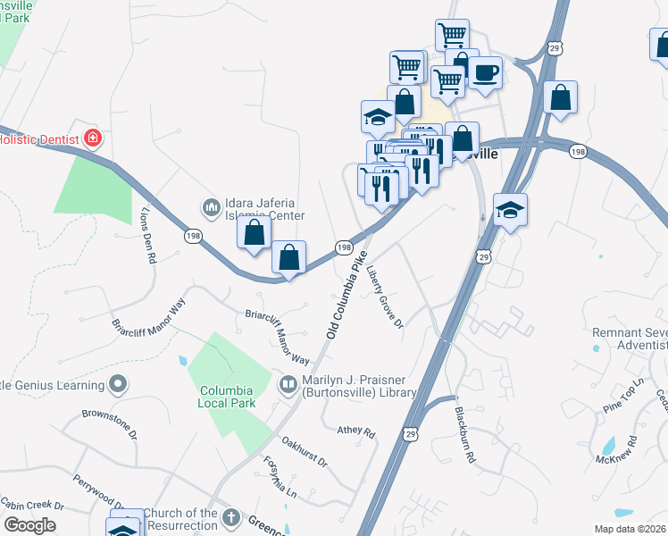 map of restaurants, bars, coffee shops, grocery stores, and more near 15300 Spencerville Court in Burtonsville