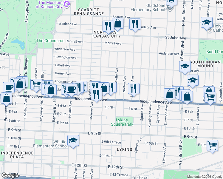 map of restaurants, bars, coffee shops, grocery stores, and more near 3835 Roberts Street in Kansas City