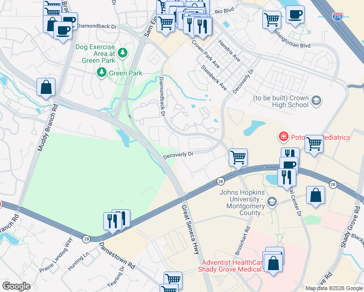 map of restaurants, bars, coffee shops, grocery stores, and more near 10009 Sterling Terrace in Rockville