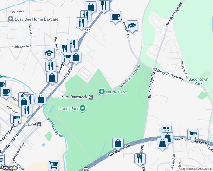 map of restaurants, bars, coffee shops, grocery stores, and more near 9990 Justify Run in North Laurel