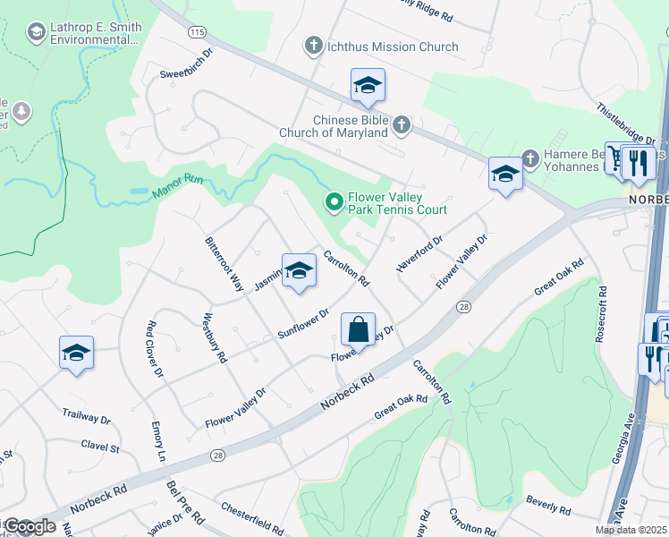 map of restaurants, bars, coffee shops, grocery stores, and more near 15308 Carrolton Road in Rockville