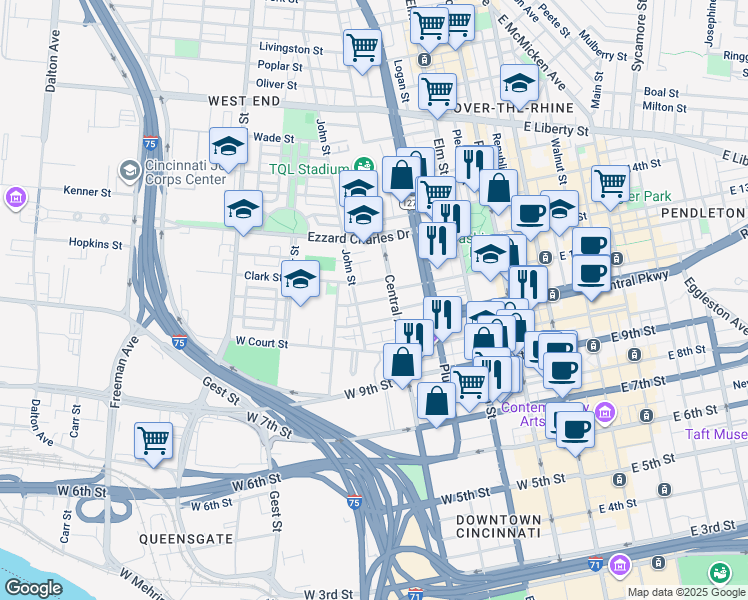 map of restaurants, bars, coffee shops, grocery stores, and more near 428 Elizabeth Street in Cincinnati