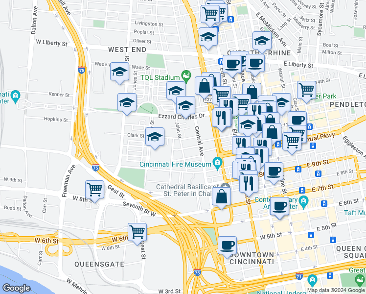 map of restaurants, bars, coffee shops, grocery stores, and more near 428 Elizabeth Street in Cincinnati