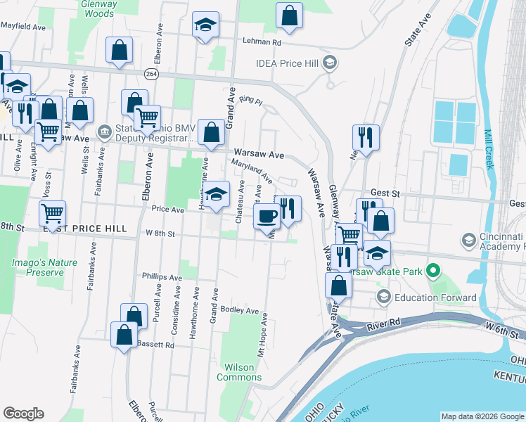 map of restaurants, bars, coffee shops, grocery stores, and more near 825 Mount Hope Avenue in Cincinnati