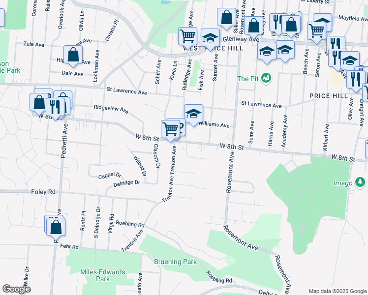 map of restaurants, bars, coffee shops, grocery stores, and more near 4161 Pleasure Drive in Cincinnati