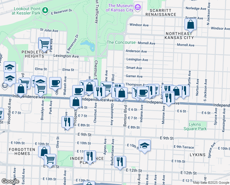 map of restaurants, bars, coffee shops, grocery stores, and more near 540 Benton Boulevard in Kansas City