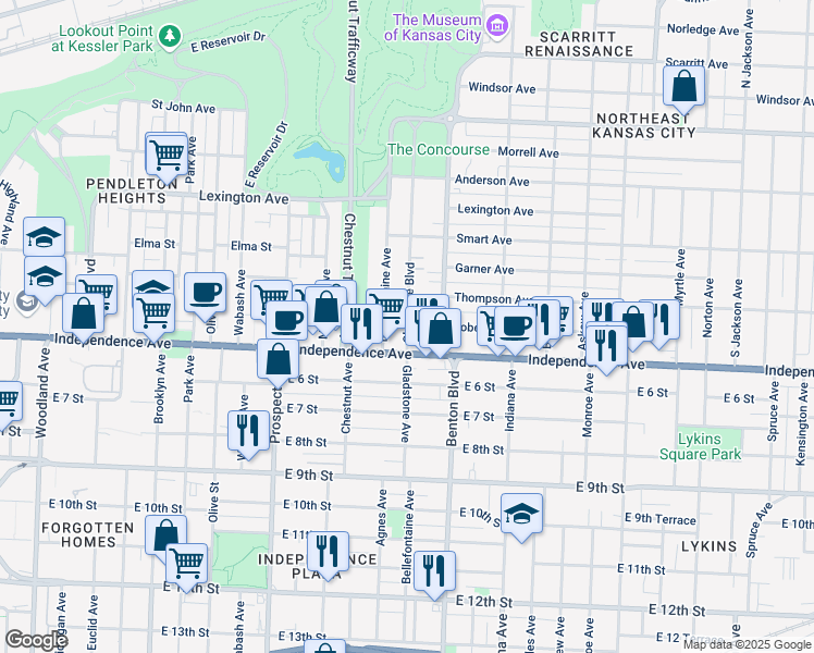 map of restaurants, bars, coffee shops, grocery stores, and more near 2904 Independence Avenue in Kansas City