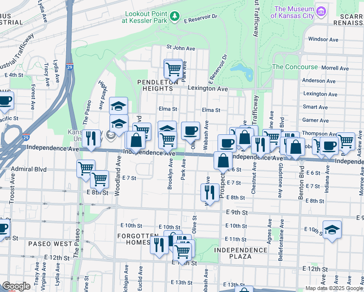 map of restaurants, bars, coffee shops, grocery stores, and more near 2300 Independence Avenue in Kansas City
