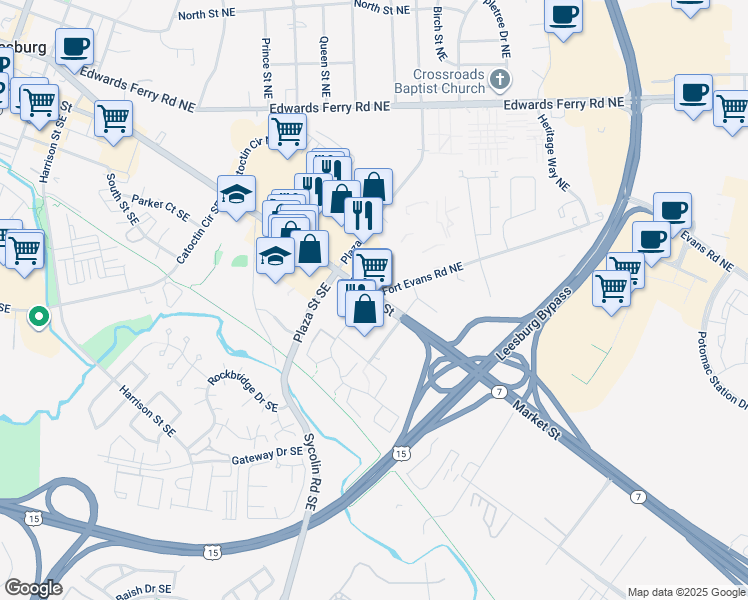map of restaurants, bars, coffee shops, grocery stores, and more near 707 E Market St in Leesburg