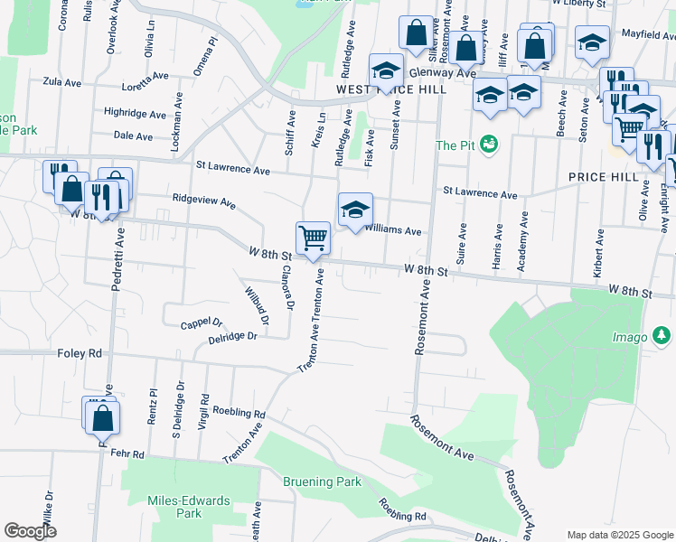 map of restaurants, bars, coffee shops, grocery stores, and more near 4161 Pleasure Drive in Cincinnati