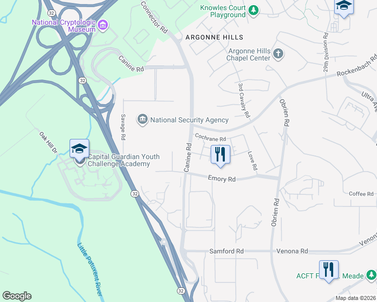 map of restaurants, bars, coffee shops, grocery stores, and more near Canine Road in Fort Meade