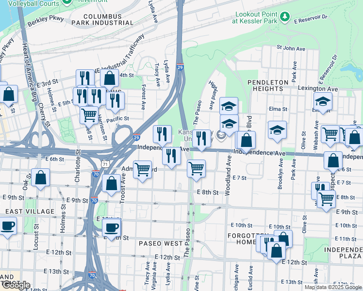 map of restaurants, bars, coffee shops, grocery stores, and more near 1409 Independence Avenue in Kansas City