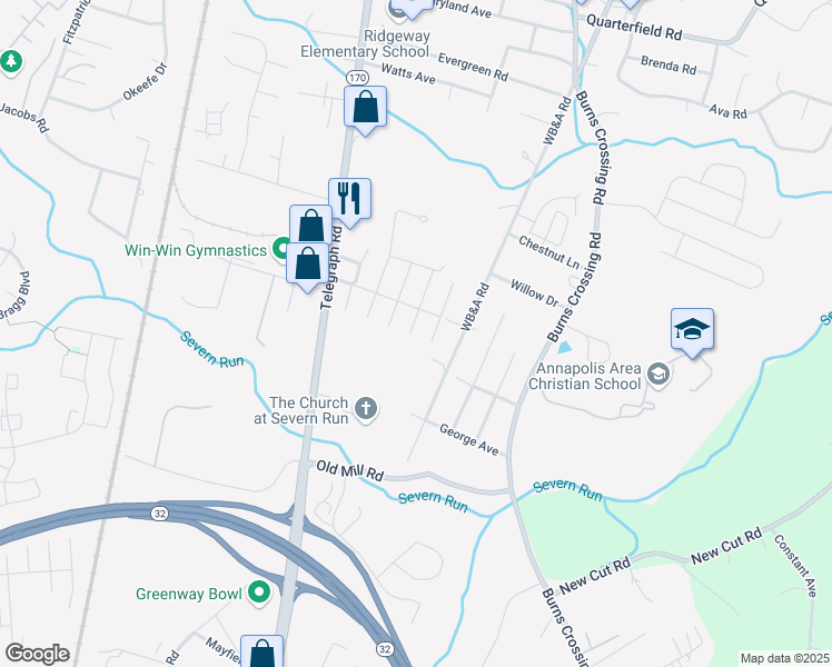 map of restaurants, bars, coffee shops, grocery stores, and more near 155 Myrtle Avenue in Severn