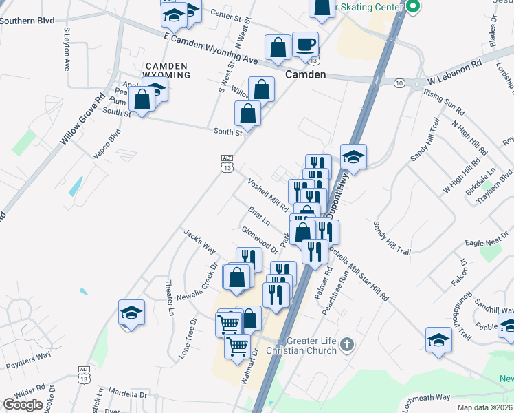 map of restaurants, bars, coffee shops, grocery stores, and more near 11 Briar Lane in Dover